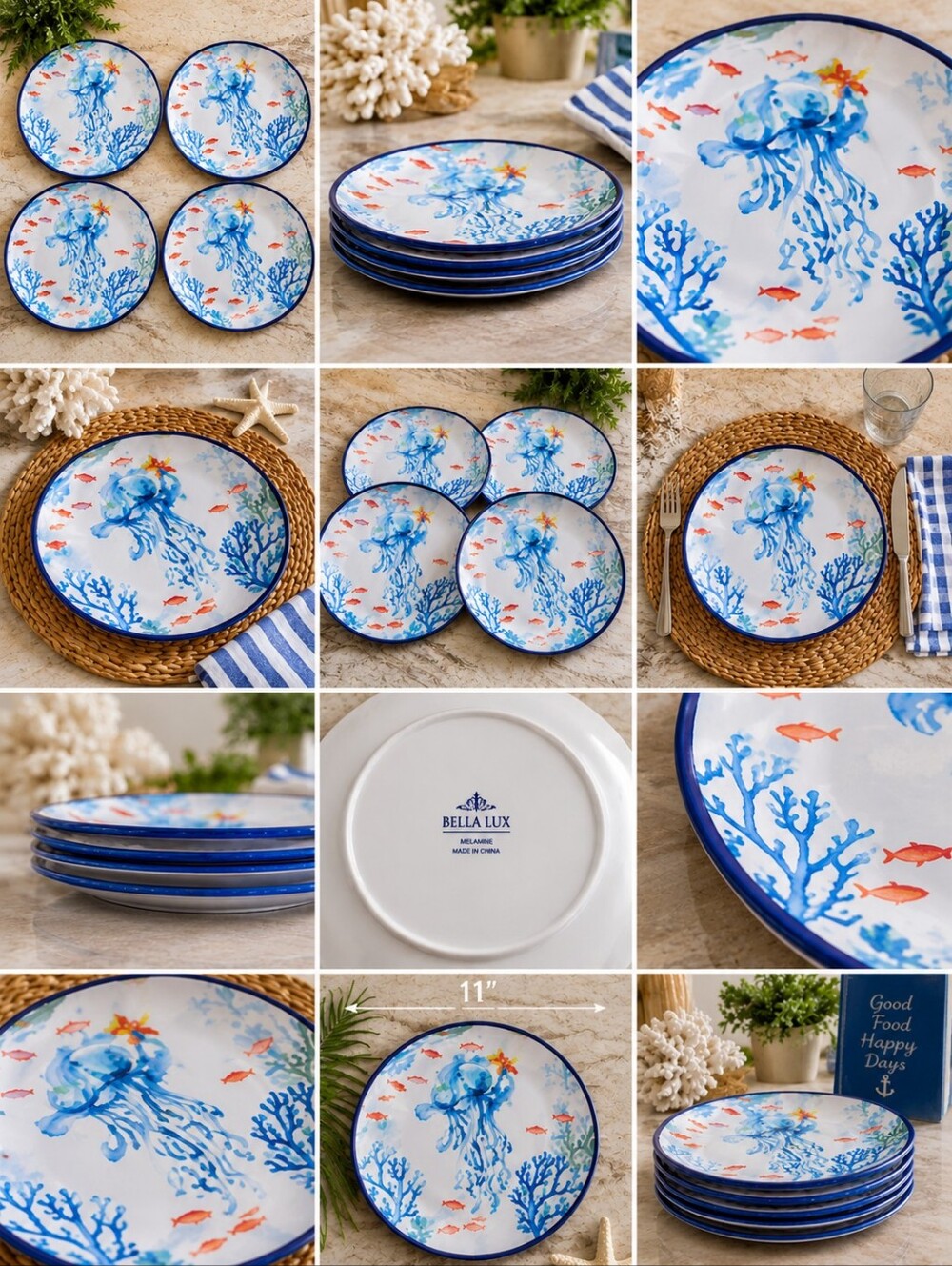 Bella Lux Melamine Coral & Jellyfish Dinner Plates – Set of 4 Coastal 11"